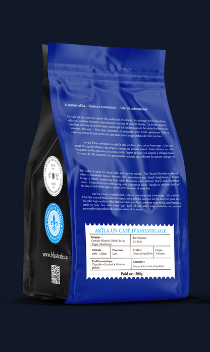 Akïla Brazil and Honduras coffee blend, medium-dark roast with chocolate and hazelnut aroma, 300g bag
