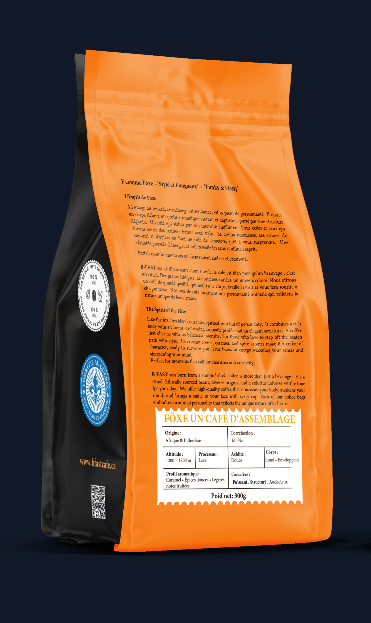 Föxe coffee blend from Africa and Indonesia, medium roast made in Quebec, caramel and spice aroma, 300g bag