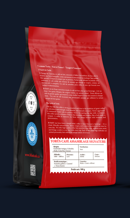 Torus dark roast signature coffee blend, roasted nuts and caramel aroma, 300g bag