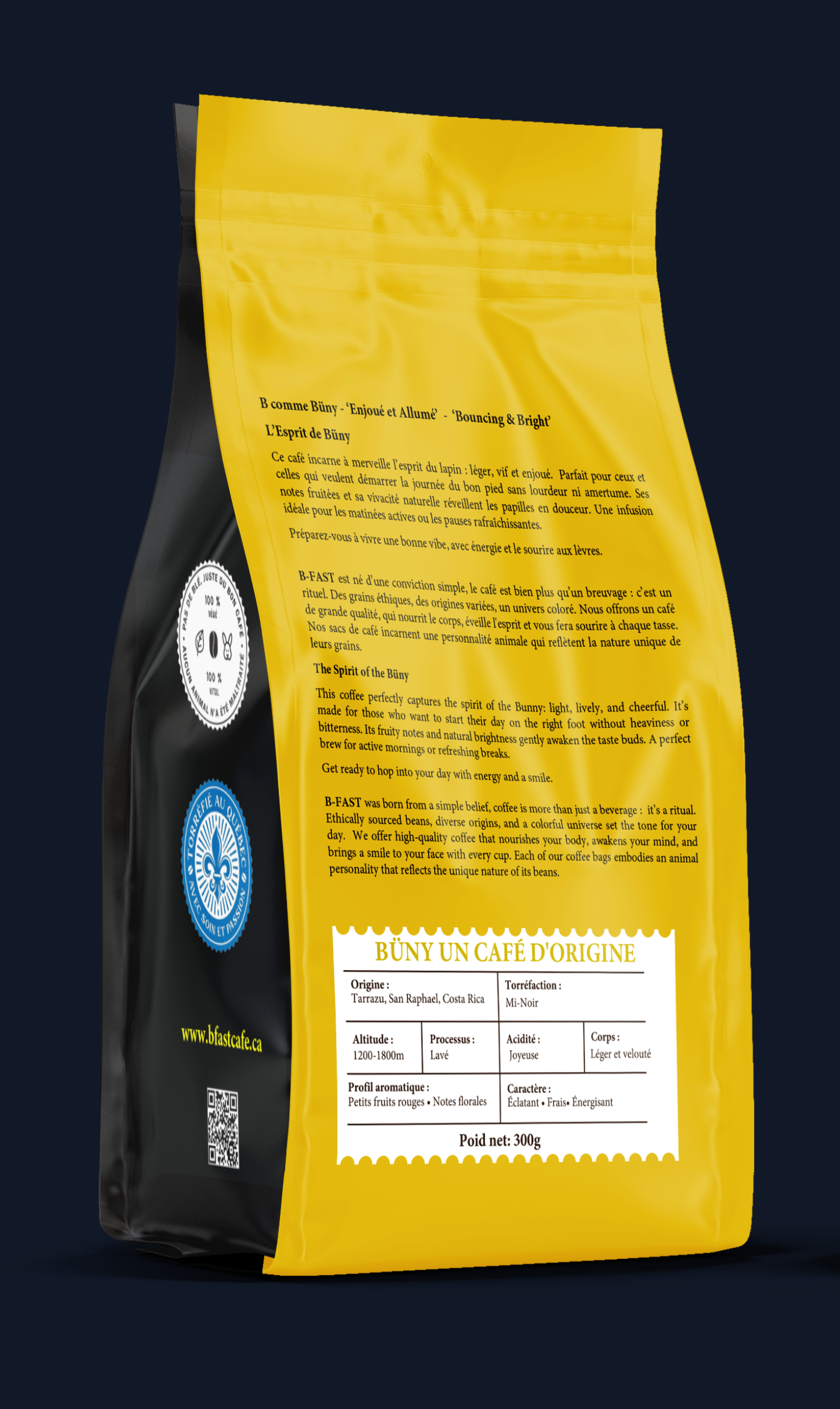 Büny single origin Costa Rican coffee, medium roast made in Quebec, with red berry and floral aroma, 300g bag